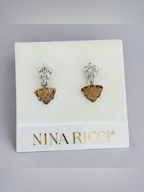 Nina Ricci Silver Floral Stud Earrings with Brown Faceted Heart Drops